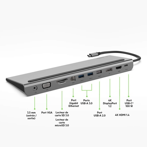 [avec 4K-HDMI, VGA, USB 3.0, Type C PD, Ethernet RJ45, Lecteur de Carte SD/TF, AUX 3,5] HUB USB C Adaptateur USB C 11 en 1 
